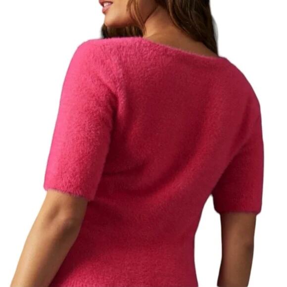 Maeve Anthropologie Rona Eyelash Sweater Tee Hot Pink Fuzzy scoop XL stretchy - Picture 9 of 9